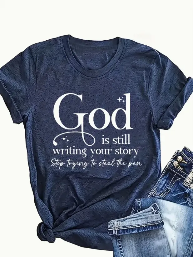 English Letters Printed Round Neck Vest Casual And Loose Daily Wear Women's Clothing Navy Blue - Shop at LoveMi