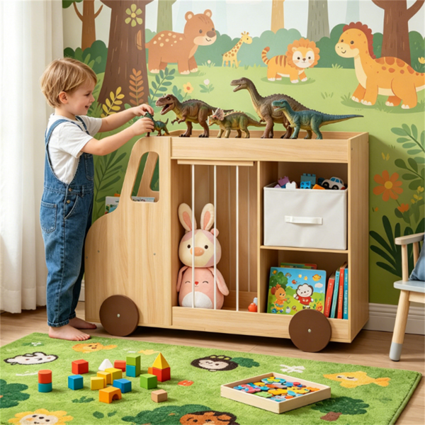 4-in-1 Kids Toy Storage Organizer With Rolling Wheels, Car Shape Wooden Bookshelf With Fabric Drawer For Playroom Nursery, Age 3- Natural — foto 3