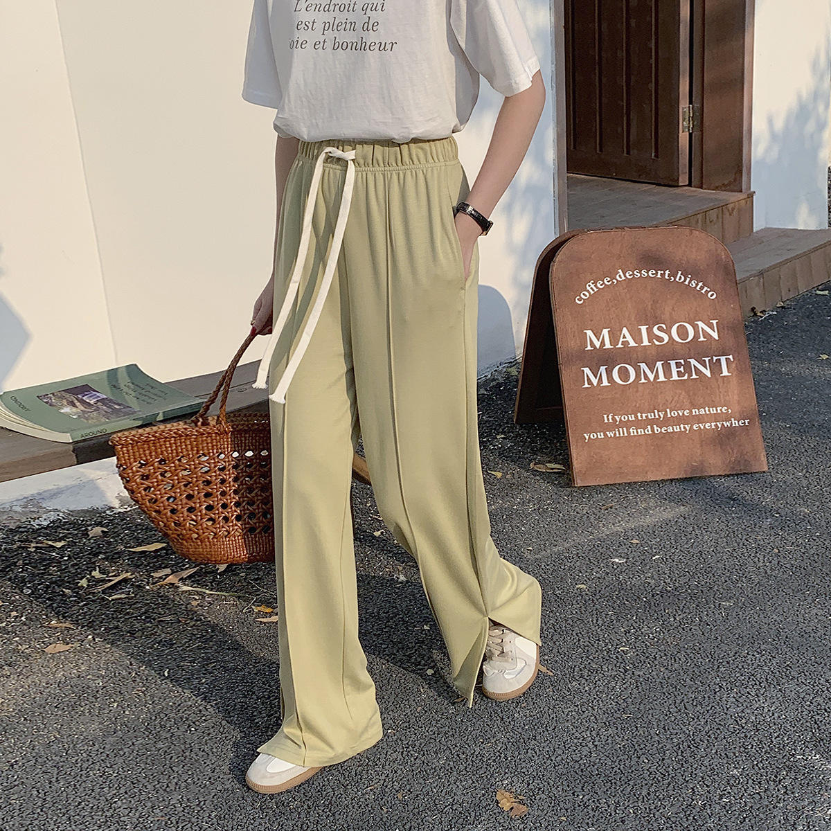 Title 5, High Waist Slit Slim Casual Wide Leg Trousers