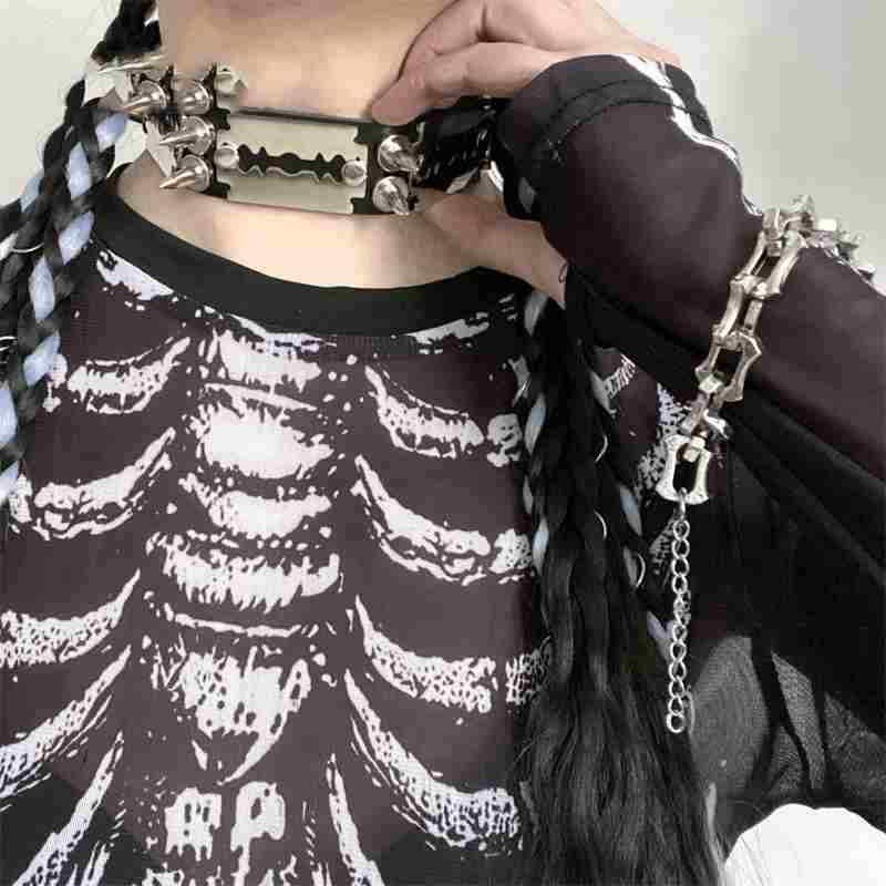 Dark Rock Blade Rivet Collar Adjustable Leather Titanium Steel