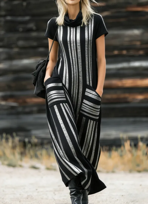 High neck Short sleeve Wide leg Dress Black - Shop at LoveMi