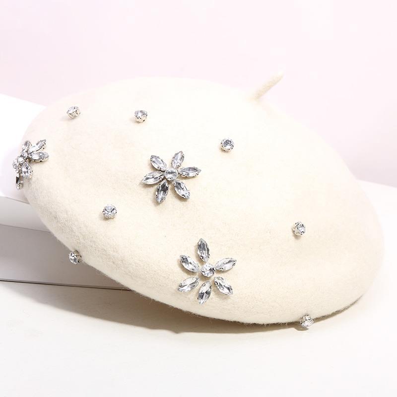 Women's Autumn And Winter Rhinestone Wool Beret