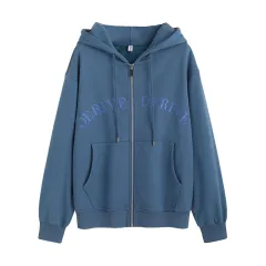 Women's Fashion Loose Cotton Korean Letter Embroidered Coat - Blue - View 1