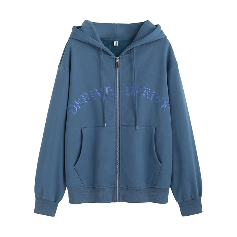 Women's Fashion Loose Cotton Korean Letter Embroidered Coat - Blue