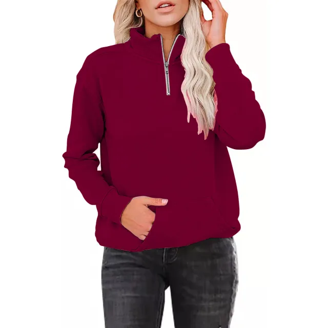 Women's Solid Color Zipper Stand Collar Long Sleeve Sweater Red - Shop at LoveMi