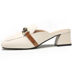 Muller Shoes Casual Soft Leather Slippers Women Outer Wear Square Toe Thick Heel Outer Wear Sandals Women - Apricot - View 1