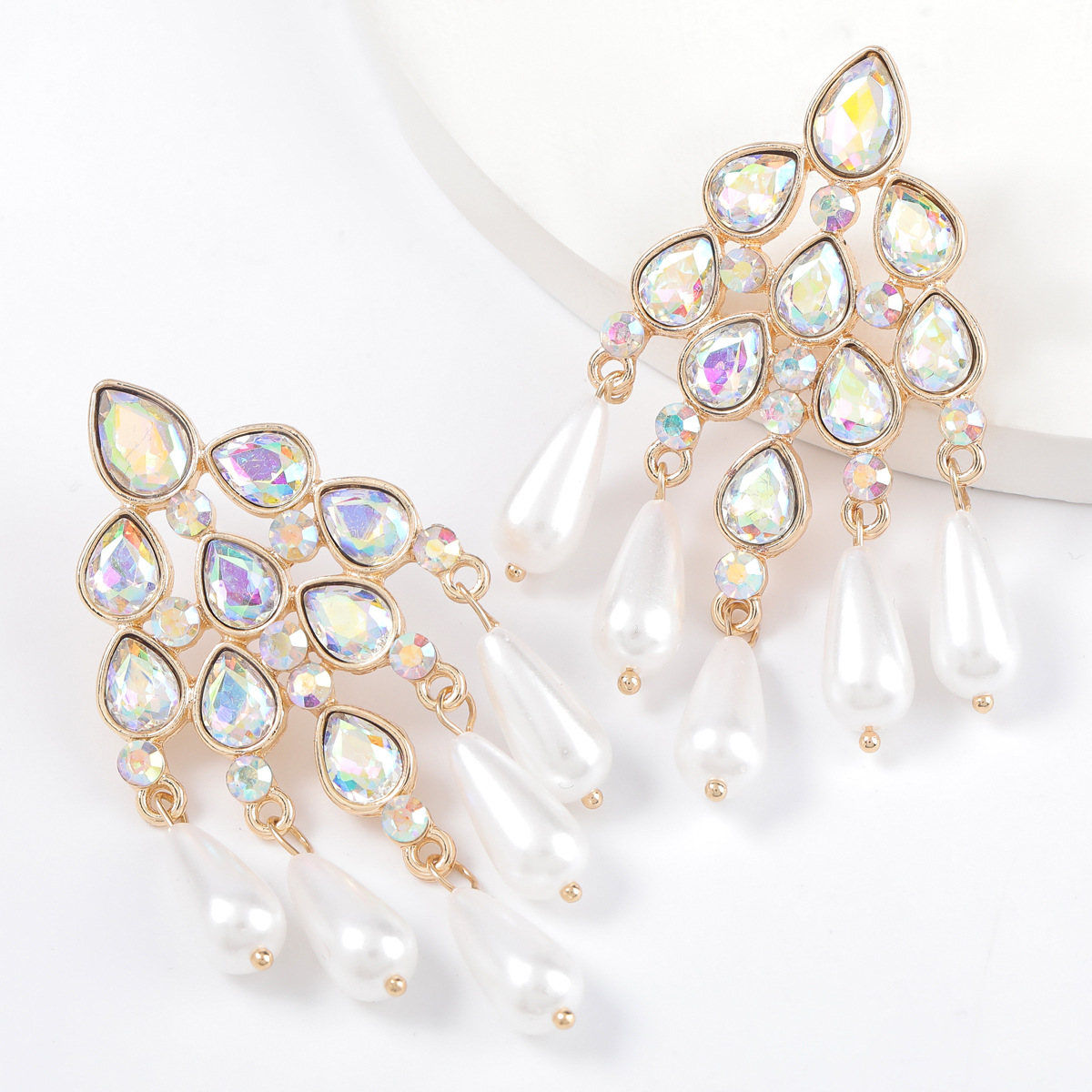 Creative Geometric Alloy Diamond And Acrylic Imitation Pearl Tassel Earrings