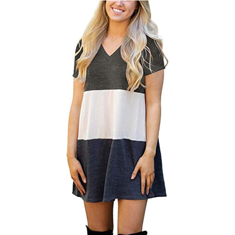 Beautiful Women's Color Matching V-neck Loose T-shirt Dress