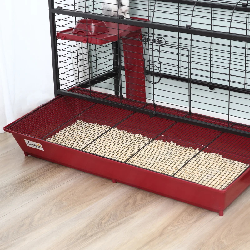 PawHut 41L Small Animal Cage, Pet Play House For Rabbit Hutch Ferret With Feeder, Rolling Wheels, Platform, Ramp