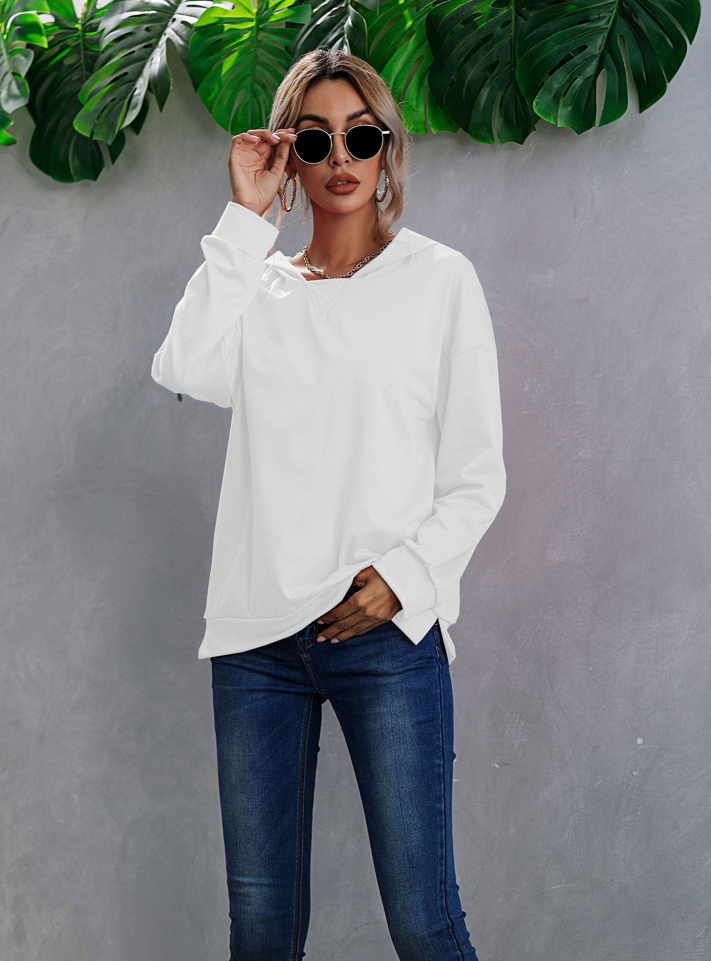 European And American Fleece Hooded Pullover Sweater Women's Color Matching