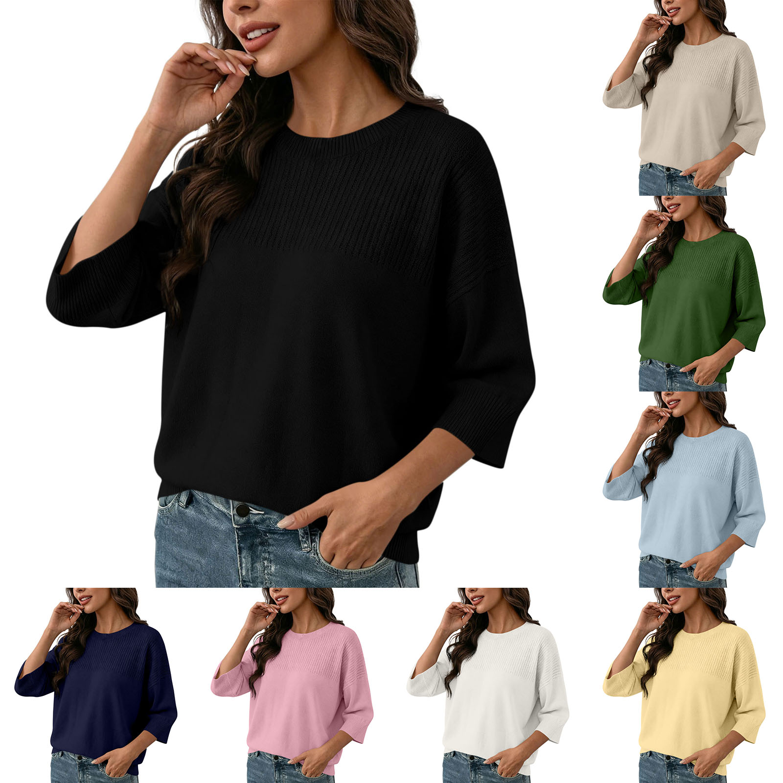 Round Neck Seven Quarter Sleeve Knitted Sweater For Women, Loose Fit And Slim Fit, Slim Fit Pullover Top