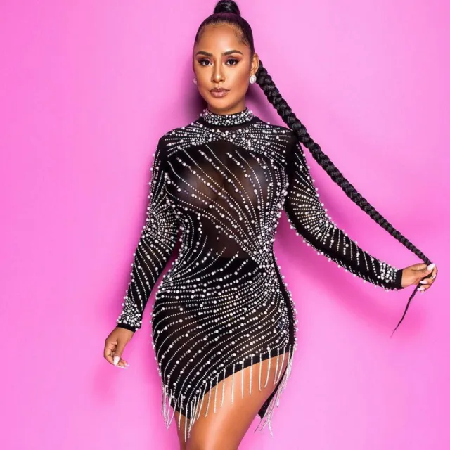 Heavy Industry Pearl Rhinestone Stretch Side Seam Tassel Short Dress Black - Shop at LoveMi