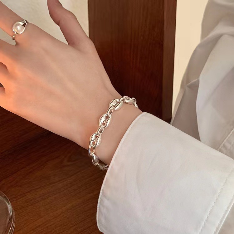 925 Sterling Silver Beaded Pig Nose Bracelet Female