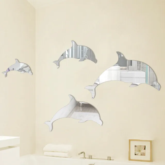 3D Three dimensional Acrylic Mirror Home Wall Sticker Decorative Dolphin Silver - Shop at LoveMi