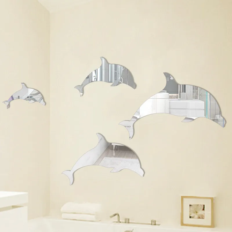 3D Three-dimensional Acrylic Mirror Home Wall Sticker Decorative Dolphin - Silver