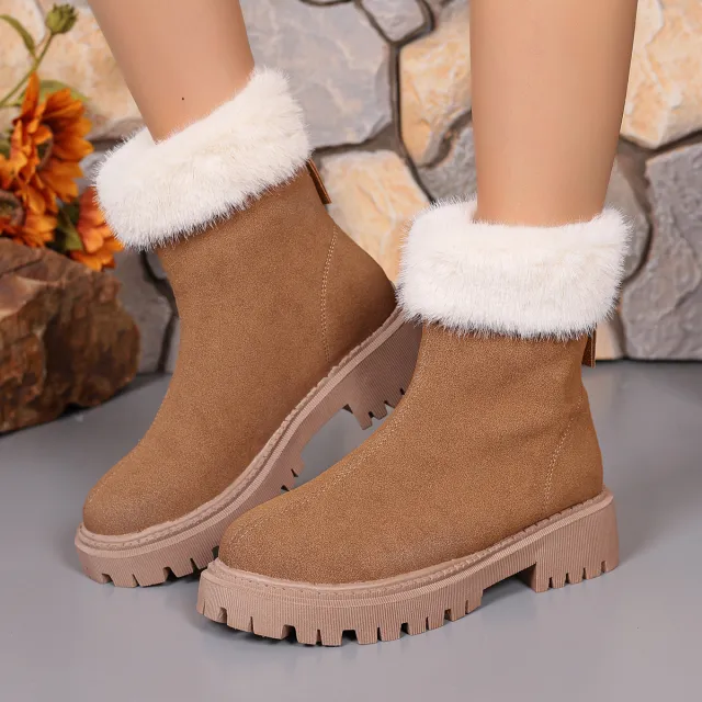 Square heeled Snow Boots Winter Plus Velvet Platform Plush Shoes Fashion Warm Non slip Mid calf Boot For Women Khaki - Shop at LoveMi
