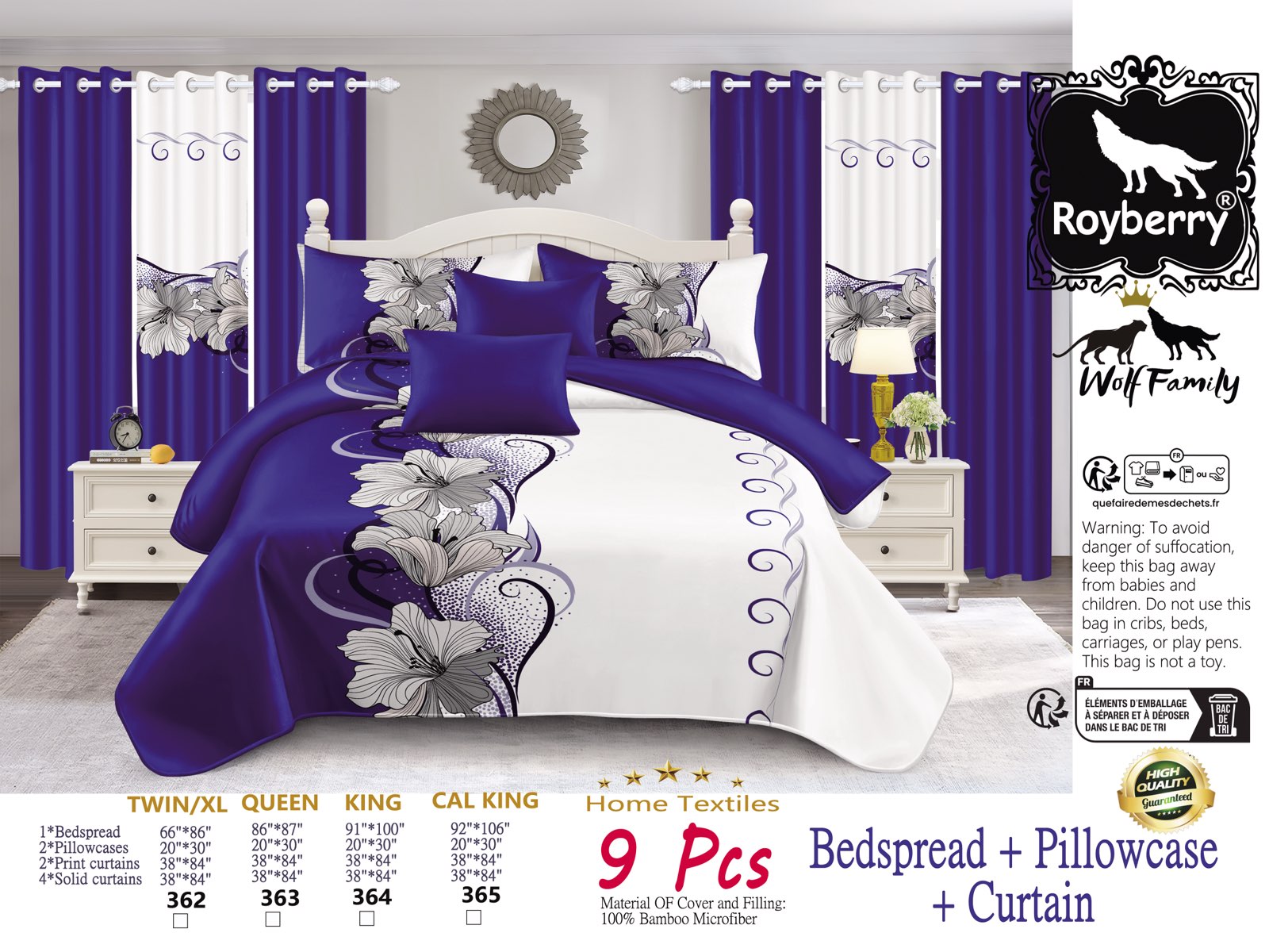 9-Piece Blue And White Lotus Bedspread And Curtain Set For King