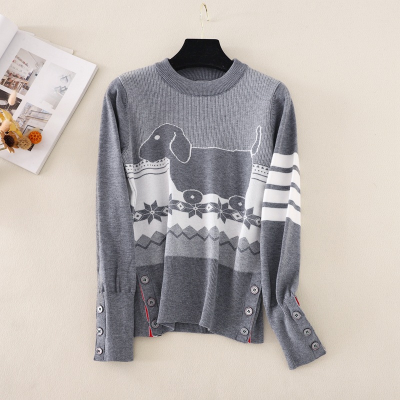 Courtyard Style Crewneck Jacquard With Four Stripes Knitted Long-sleeved Sweater Jumper