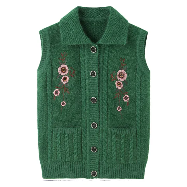 Waistcoat Embroidered Elderly Winter Vest Lapel Green - Shop at LoveMi