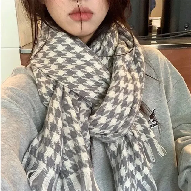 Female Fashionable And Warm Thousand Birds Check Scarf Shawl New Chidori Grey - Shop at LoveMi