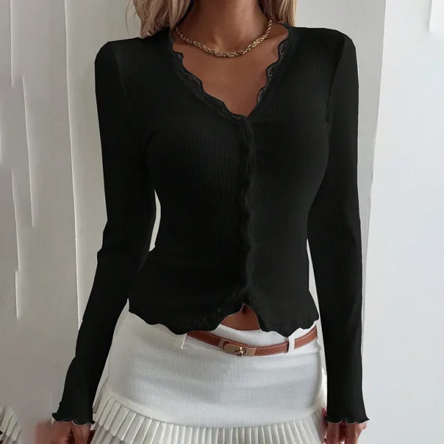 Women's Elegant Lace Trim V Neck Blouse, Ruffle Detail Long Sleeve Button Down Shirt For Spring Fall Wear Black - Shop at LoveMi
