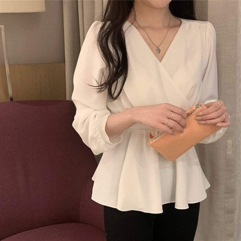 Title 2, Solid Color Waist Long-sleeved Small Shirt Blouse