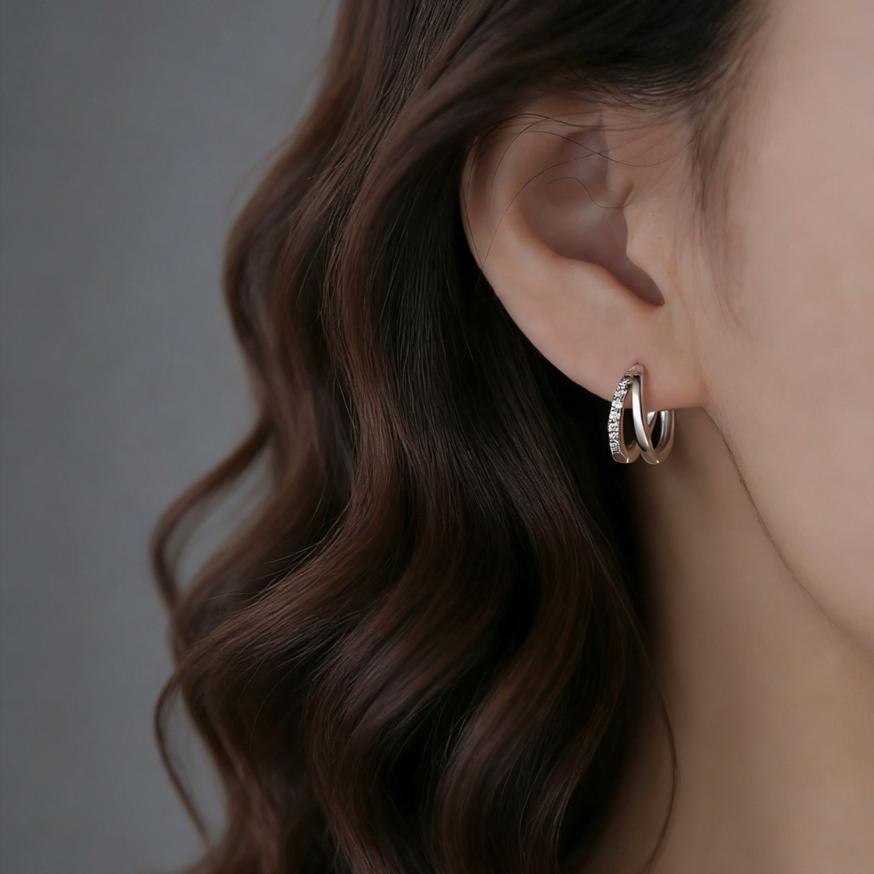 Zircon Inlaid Silver Plain Ring Double layer Ear Buckle thumbnail 1