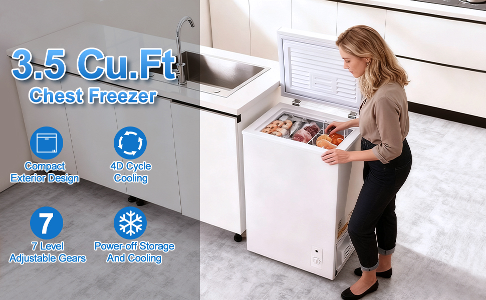3.5 Cu.Ft Small Chest Freezer Compact Deep Freezer With 7-Level Temperature Control, Rapid Cooling, Energy Efficient & Quiet For Home, Garage, Apartment, And Kitchen, White