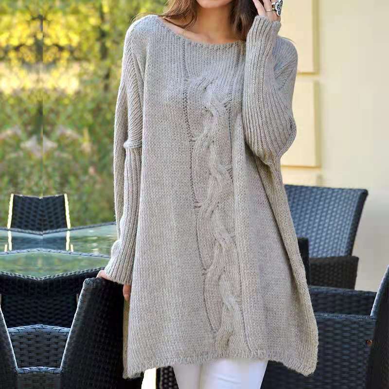 Slit Top Round Neck Loose Mid-length Sweater