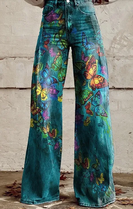 Daily High Rise Pattern Pocket Wide Leg Pants Butterfly - Shop at LoveMi