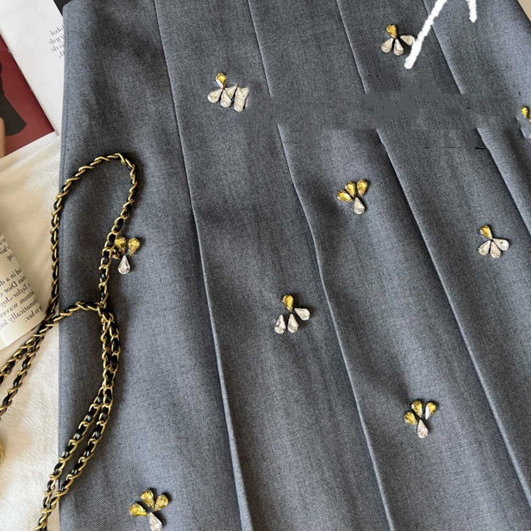 Luxury College Style Niche Designer Cut Label Early Heavy Industry Rhinestone Pleated Skirt