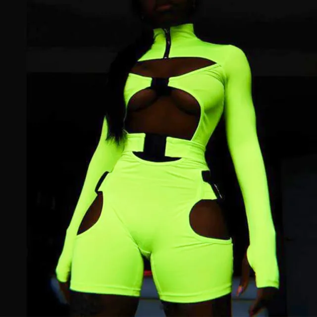 Spring Women's Shorts Fluorescent Green School Bag Button Long sleeved Jumpsuit Fluorescent Green - Shop at LoveMi
