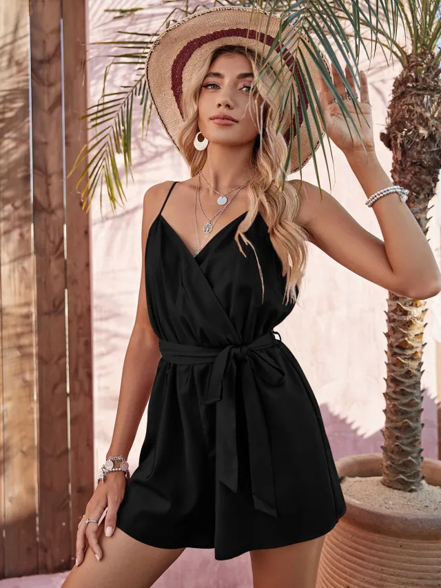 Women's Fashion Loose Halter V Neck Elastic Waist Jumpsuit Black - Shop at LoveMi