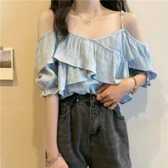 Miss Kekeli Korean Summer Slip Shoulder Suspender Shirt - Blue - View 1