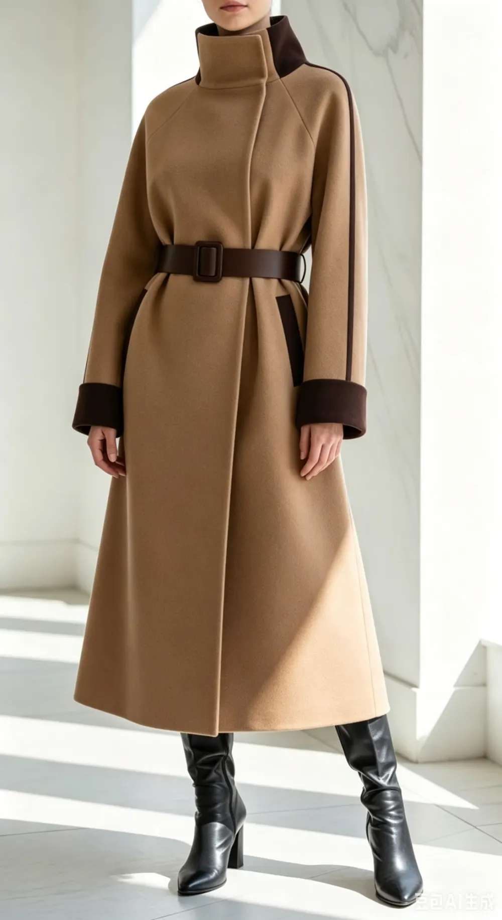 Women Stand Collar Color Block Wool Maxi Coat