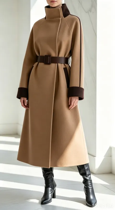 Women Stand Collar Color Block Wool Maxi Coat