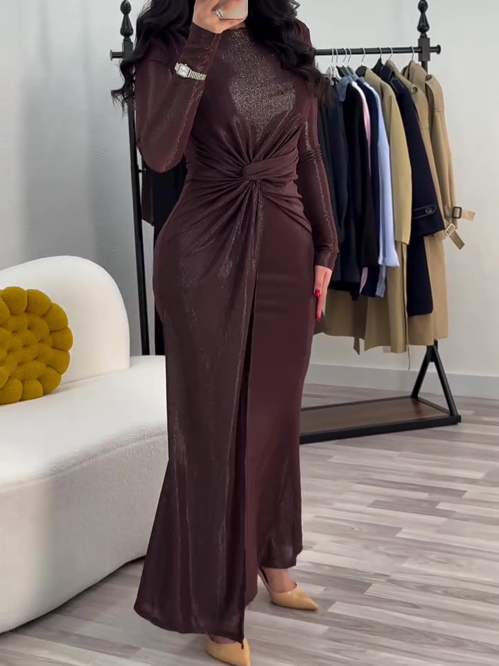 Metallic Maxi Dress With Twist Front Detail And Long Sleeves Brown - Shop at LoveMi