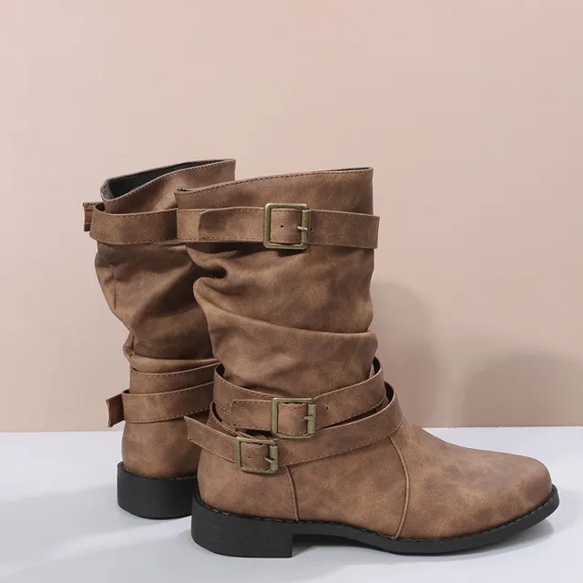 Women's European And American Vintage Martin Belt Buckle Oversize Boots Brown - Shop at LoveMi