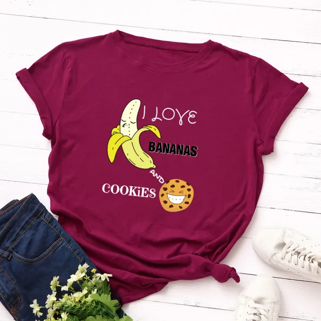 Women's Spoof Banana Letters Loose Crew Neck Short Sleeve T Shirt Wine Red - Shop at LoveMi