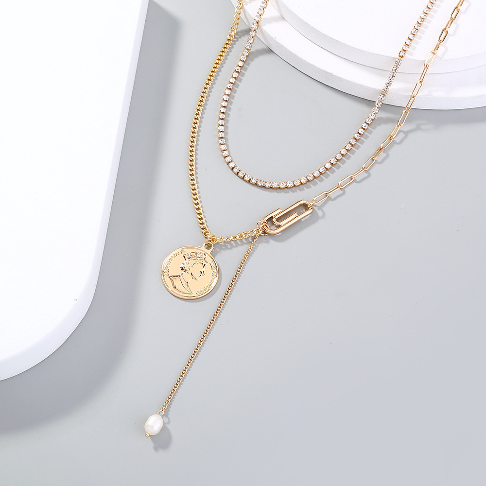 Diamond-studded Safety Paperclip Stitching Necklace