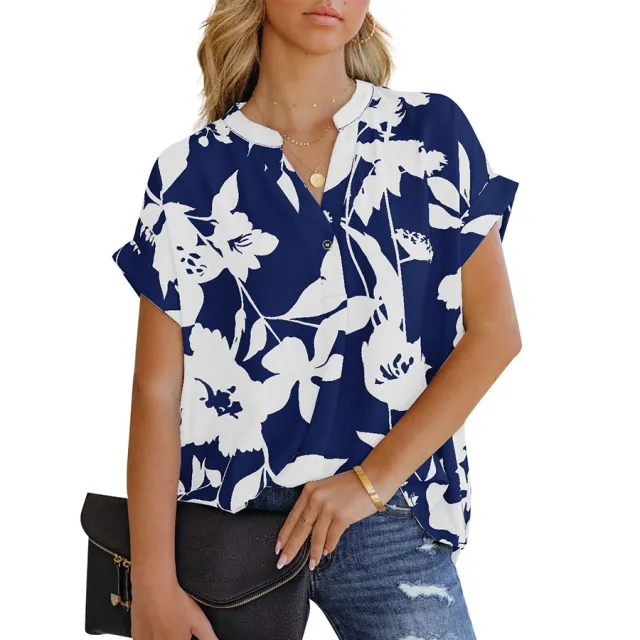 Women's Loose Printed Short Sleeve V Neck Buttoned Chiffon Shirt Blue - Shop at LoveMi