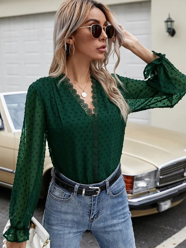 Paneled Lace VNeck Long Sleeve Dot Chiffon Shirt Top Green - Shop at LoveMi