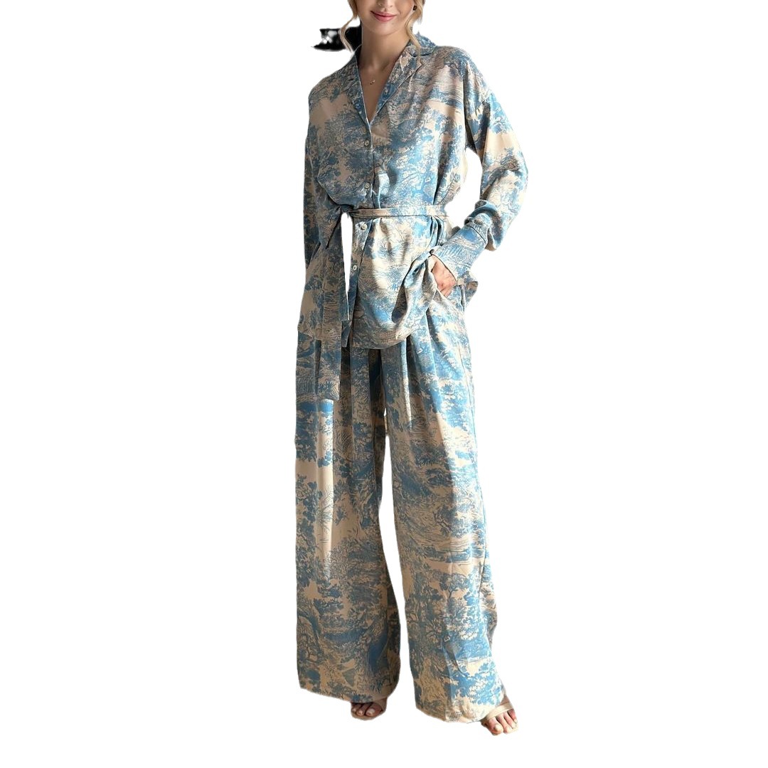 Fashion French Print Long Sleeve Lace-up Shirt