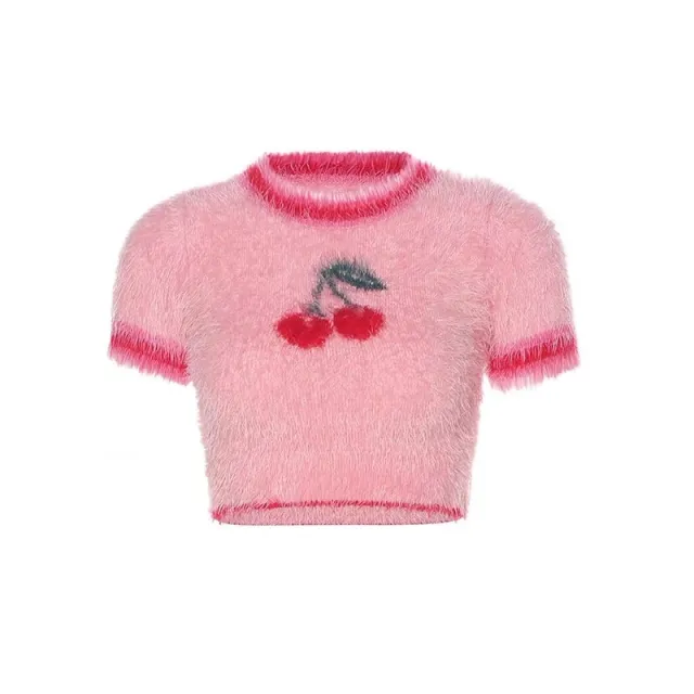 Fashion Cute Sweet And Spicy Cherry Short Plush Knit Sweater Pink - Shop at LoveMi