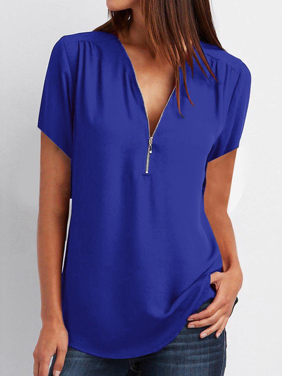 Title 7, V-neck Zipper Short-sleeved Chiffon Shirt