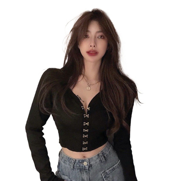 V-neck Knitted Bottoming Shirt With A Cropped Top, Long-sleeved T-shirt