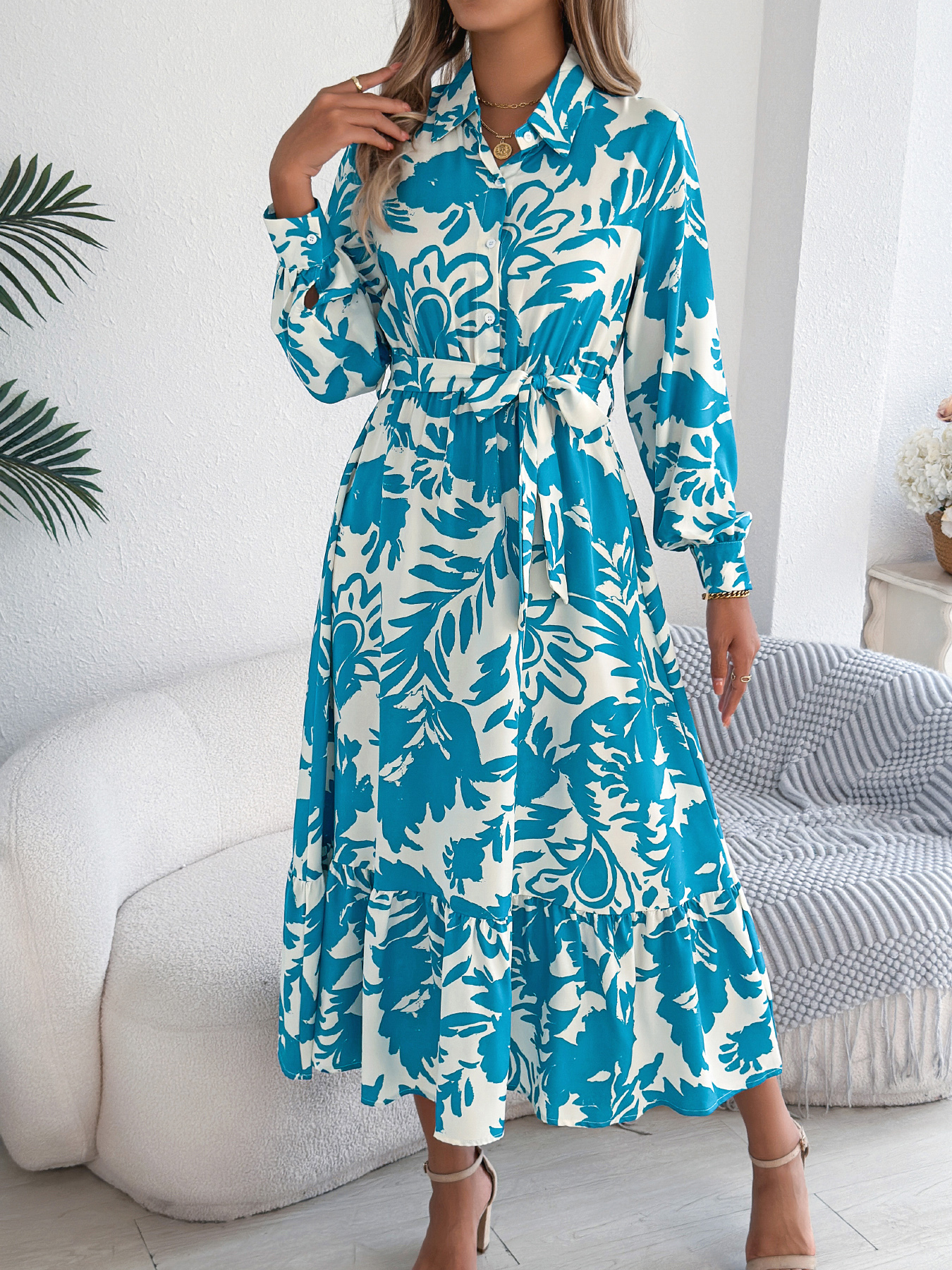 Women’s Casual Floral Print Long Sleeve Ruffle Hem Shirt Maxi Dress