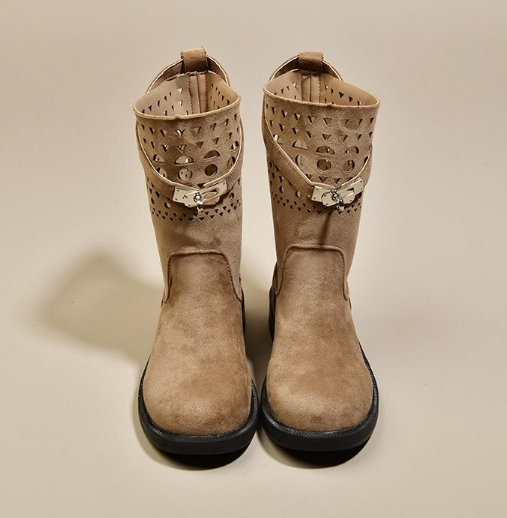 Women Round Toe Hollow Out Mid Calf Boots Flat Heel Metal Buckle Suede Western Boots