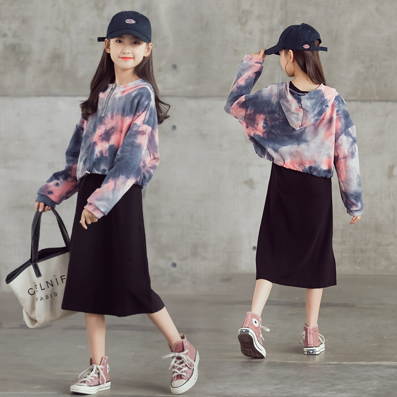 Tie-dye Short Hooded Top And Black Long Skirt Two-piece Suit