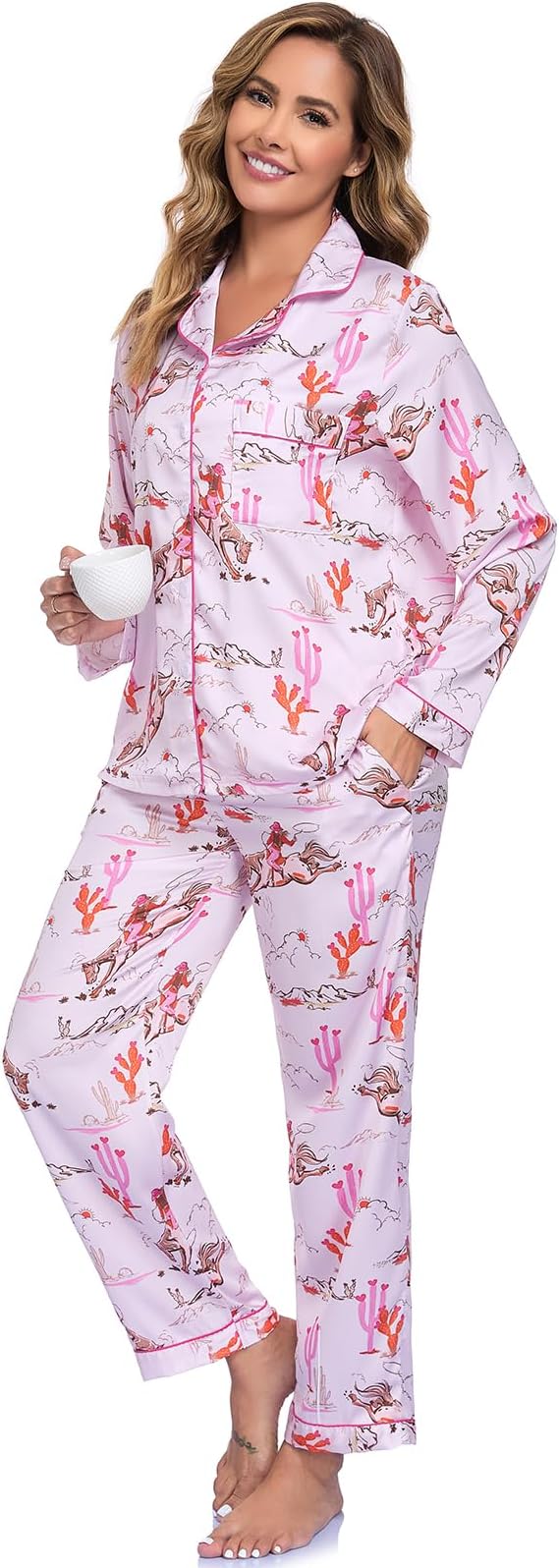 RONGTAI Womens Pajama Sets Button Down Long Sleeve Lapel Shirt With Pocket Matching Pj Pants Two Piece Loungewear Set